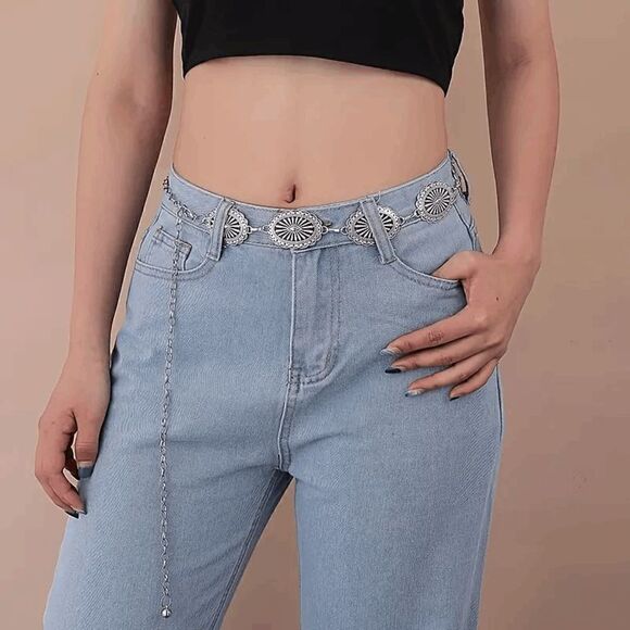 Western Boho Silver Concho Waist Chain Belt - Picture 2 of 4